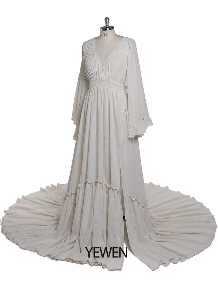 V Neck with 2 Different Style Sleeves Maternity Dresses for Photo Shoots Adjustable Waist Photography Pregnancy Dress for Baby Shower YEWEN YD211230