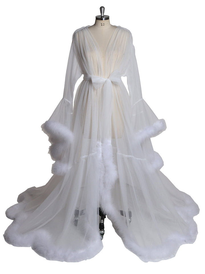 White Bell Sleeve See Through Tulle Maternity Dress