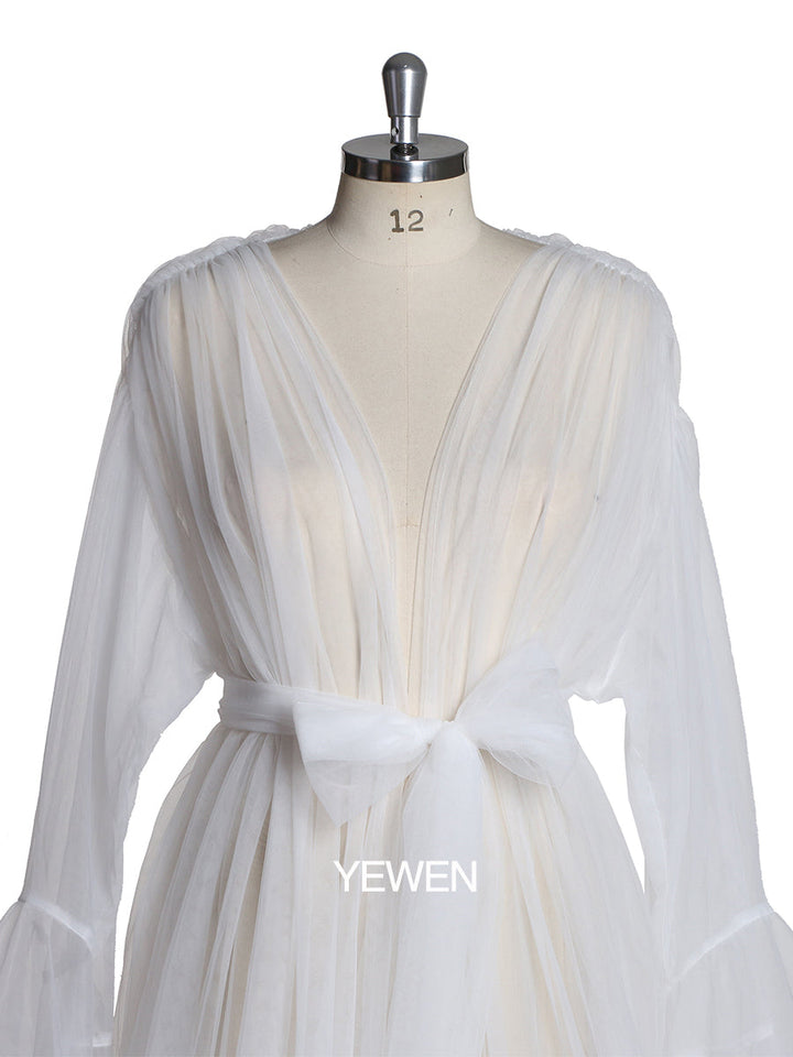 White Bell Sleeve See Through Tulle Maternity Dress