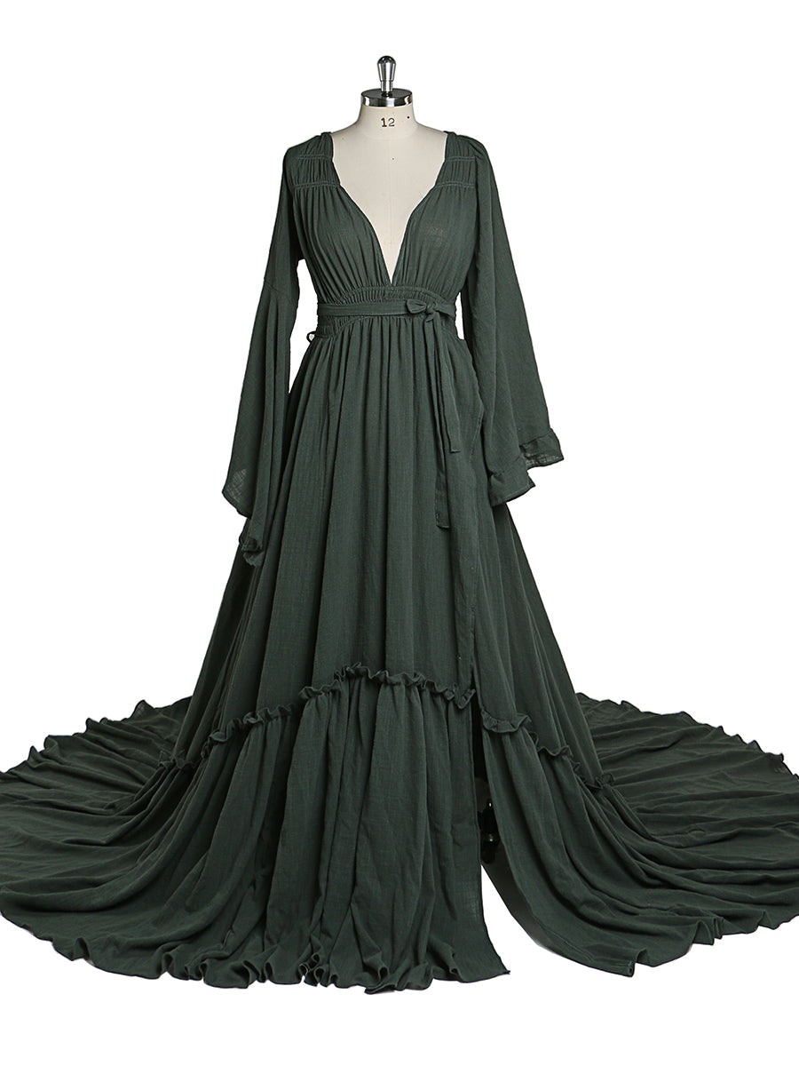 V Neck with 2 Different Style Sleeves Maternity Dresses for Photo Shoots Adjustable Waist Photography Pregnancy Dress for Baby Shower YEWEN YD211230
