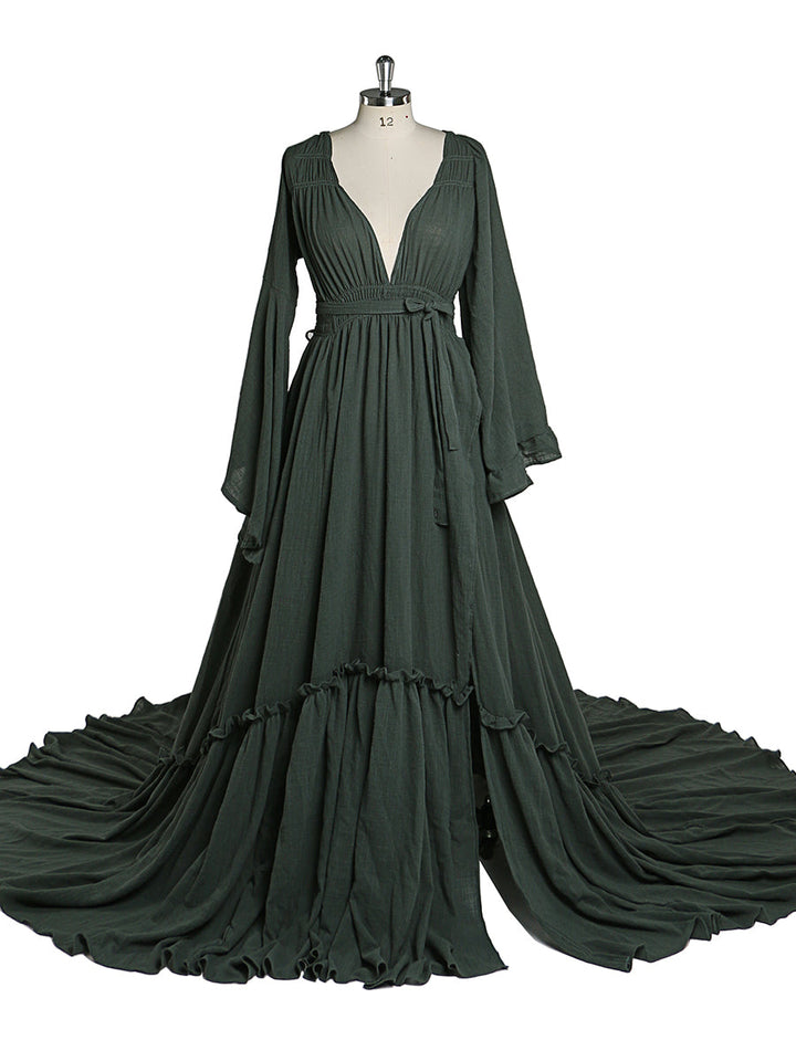 V Neck with 2 Different Style Sleeves Maternity Dresses for Photo Shoots Adjustable Waist Photography Pregnancy Dress for Baby Shower YEWEN YD211230
