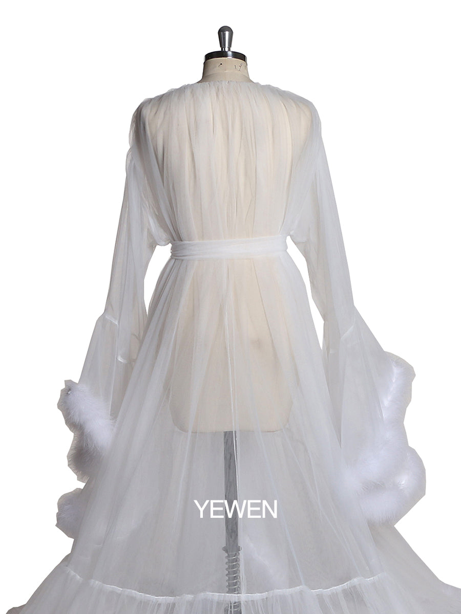 White Bell Sleeve See Through Tulle Maternity Dress