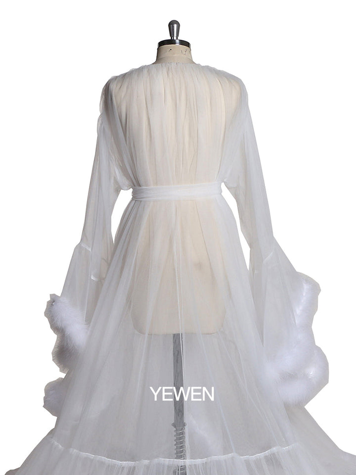 White Bell Sleeve See Through Tulle Maternity Dress