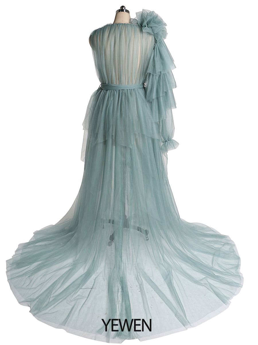 V Neck Maxi Prom Dress Flower One Shoulder Maternity Dress for Babyshower
