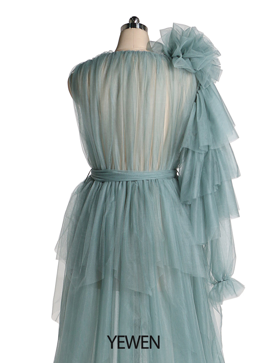 V Neck Maxi Prom Dress Flower One Shoulder Maternity Dress for Babyshower