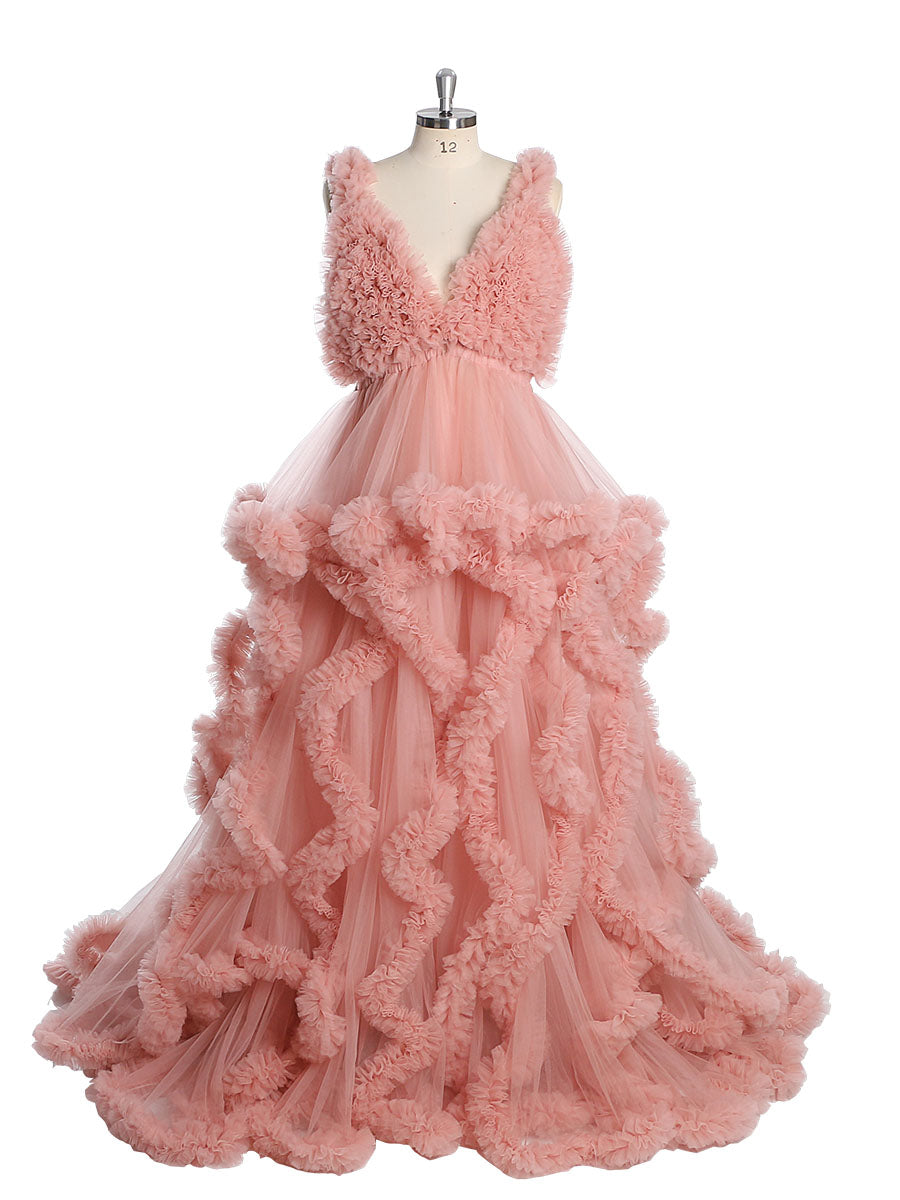 V-neck Tull Full Ruffles Backless Cloud Dress Maternity Dress for Photoshoot YW243132