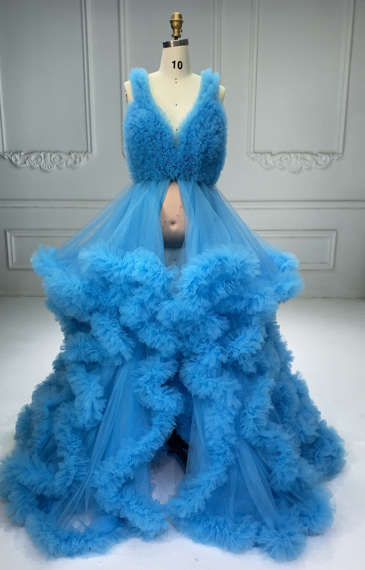 V-neck Tull Full Ruffles Backless Cloud Dress Maternity Dress for Photoshoot YW243132
